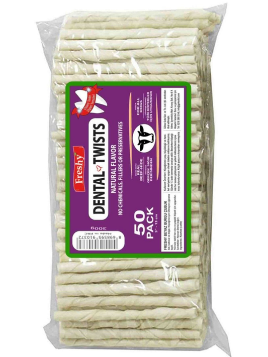 Freshy Dental Chews White Twist Sticks Dog Treat Diş Sağlığı Için Beyaz Burgu Çubuk Kemik Köpek 50 Adet 300 Gr