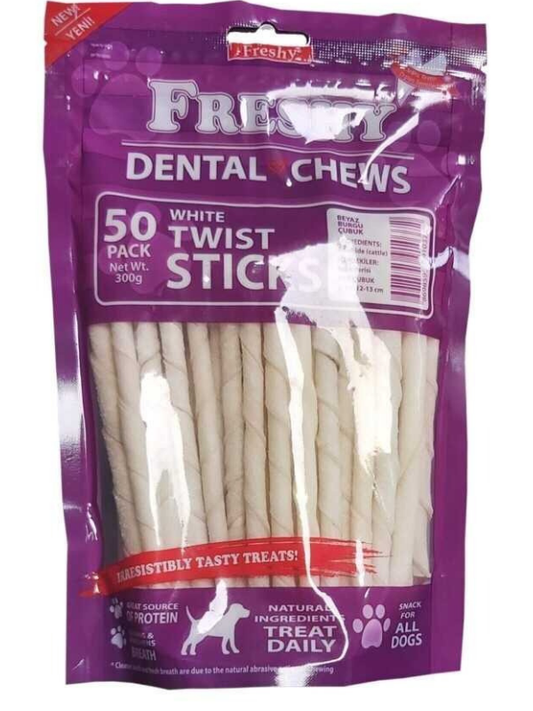 Freshy Dental Chews White Twist Sticks Dog Treat Diş Sağlığı Için Beyaz Burgu Çubuk Kemik Köpek 50 Adet 300 Gr